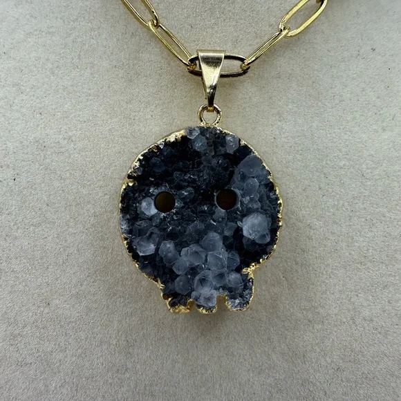 Druzy Amethyst Skull Pendant with Gold Plated Siding on Stainless Steel Chain - Picture 2 of 9